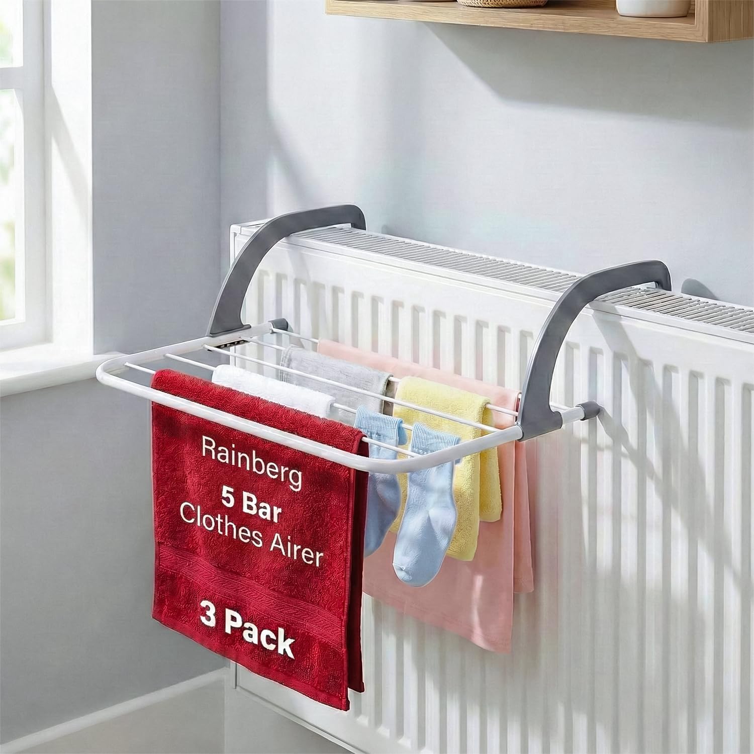 Rainberg 5 Bar Radiator Clothes Airer Rack, Foldable Clothes Airer with Adjustable Arms, Laundry Dryers Clothes, Hanging Drying Rack Airer (Pack of 2) - Like New