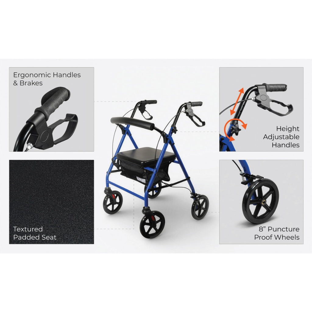 Aidapt Folding Rollator Walker with Padded Seat Steel Frame 8 Inch Puncture Proof Wheels Adjustable Handles and Shopping Bag Walking Aid - Like New