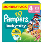 Pampers Baby-Dry Paw Patrol Edition Size 4, 222 Nappies, 9kg-14kg, Monthly Pack, Up to a 100% Leak-Free & Comfortable Night - Damaged Box