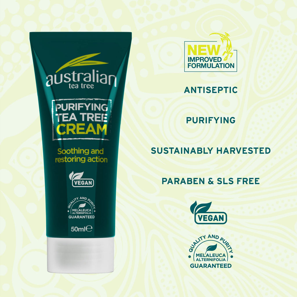 Australian Tea Tree Purifying Cream 50ml Soothing Natural Vegan Skincare SLS and Paraben Free Antiseptic Moisturiser - Damaged Box