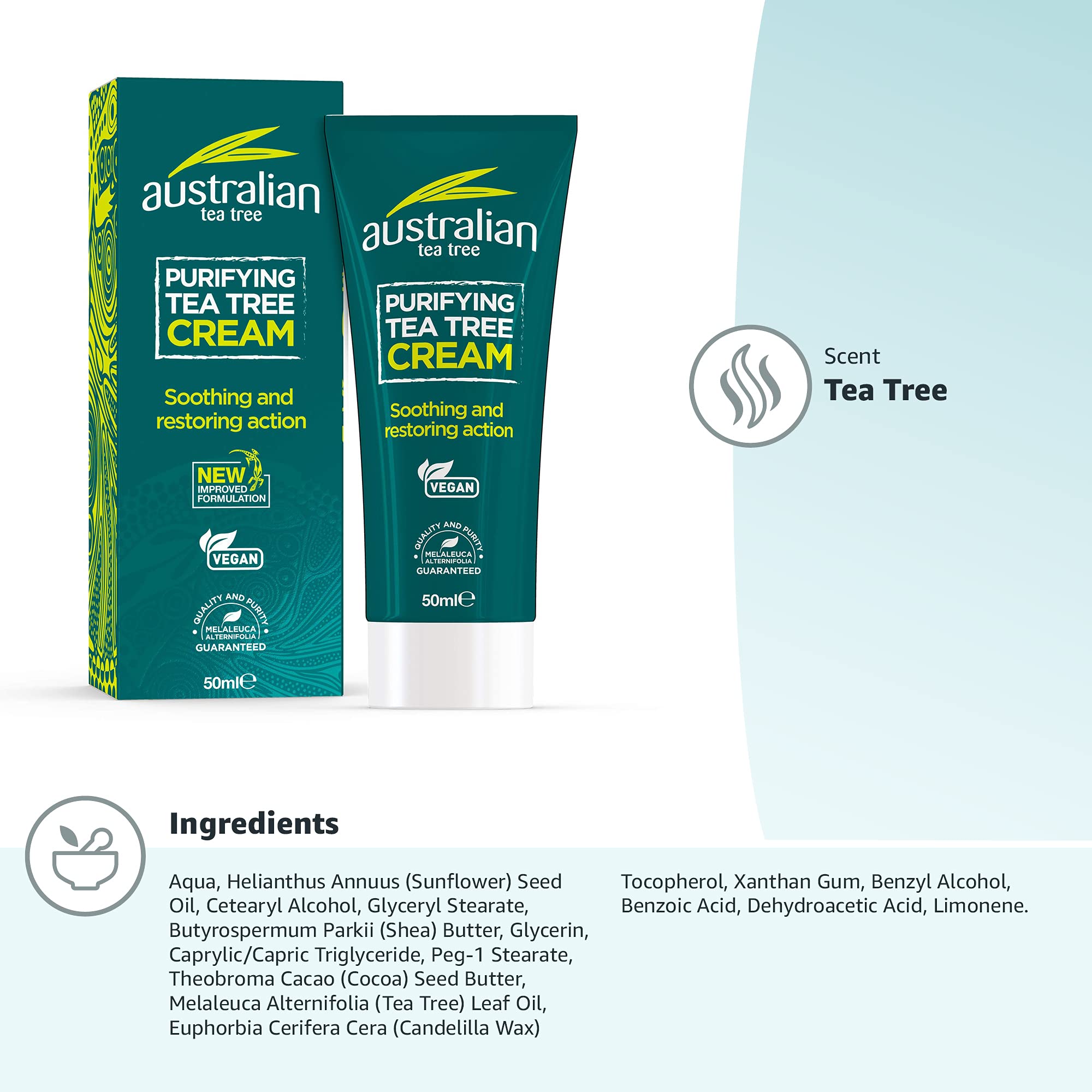 Australian Tea Tree Purifying Cream 50ml Soothing Natural Vegan Skincare SLS and Paraben Free Antiseptic Moisturiser - Damaged Box