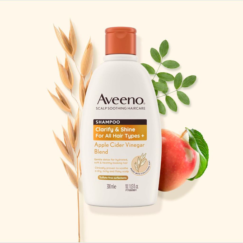 Aveeno Scalp Soothing Clarify and Shine Shampoo Apple Cider Vinegar Blend 300ml for Oily Dull Hair and Itchy Flaky Scalp Sulfate Free - Damaged Box