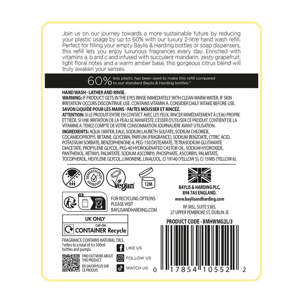 Baylis & Harding Sweet Mandarin & Grapefruit Hand Wash Refill 2L - Vegan Friendly Bulk Pack