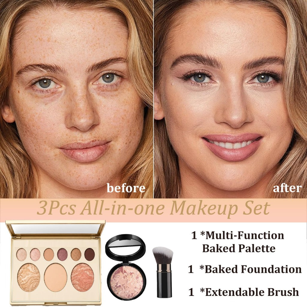 Baked Starter Kit 3 Piece All-in-One Makeup Gift Set for Women Includes Balance Foundation Multi-Functional Palette and Retractable Brush
