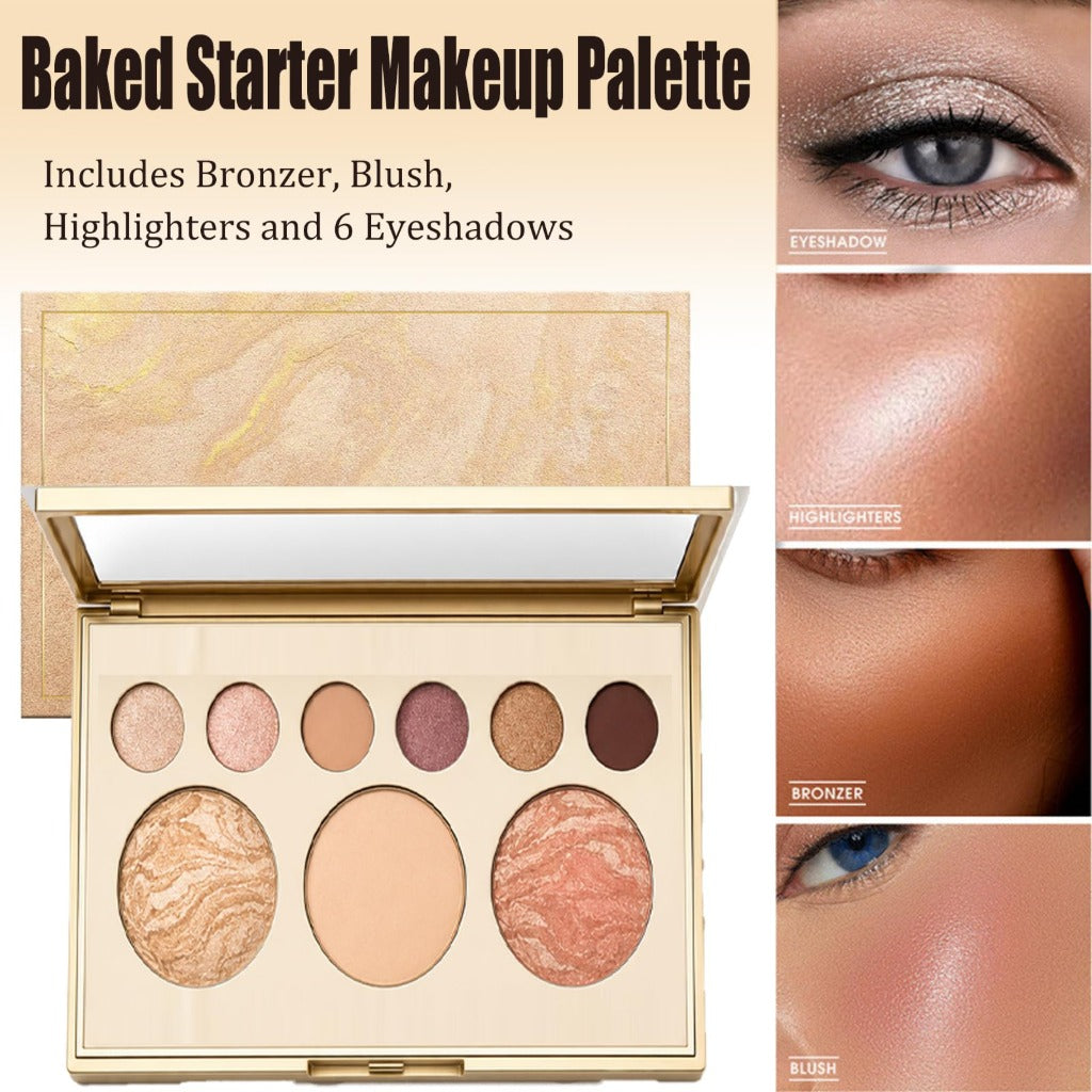 Baked Starter Kit 3 Piece All-in-One Makeup Gift Set for Women Includes Balance Foundation Multi-Functional Palette and Retractable Brush