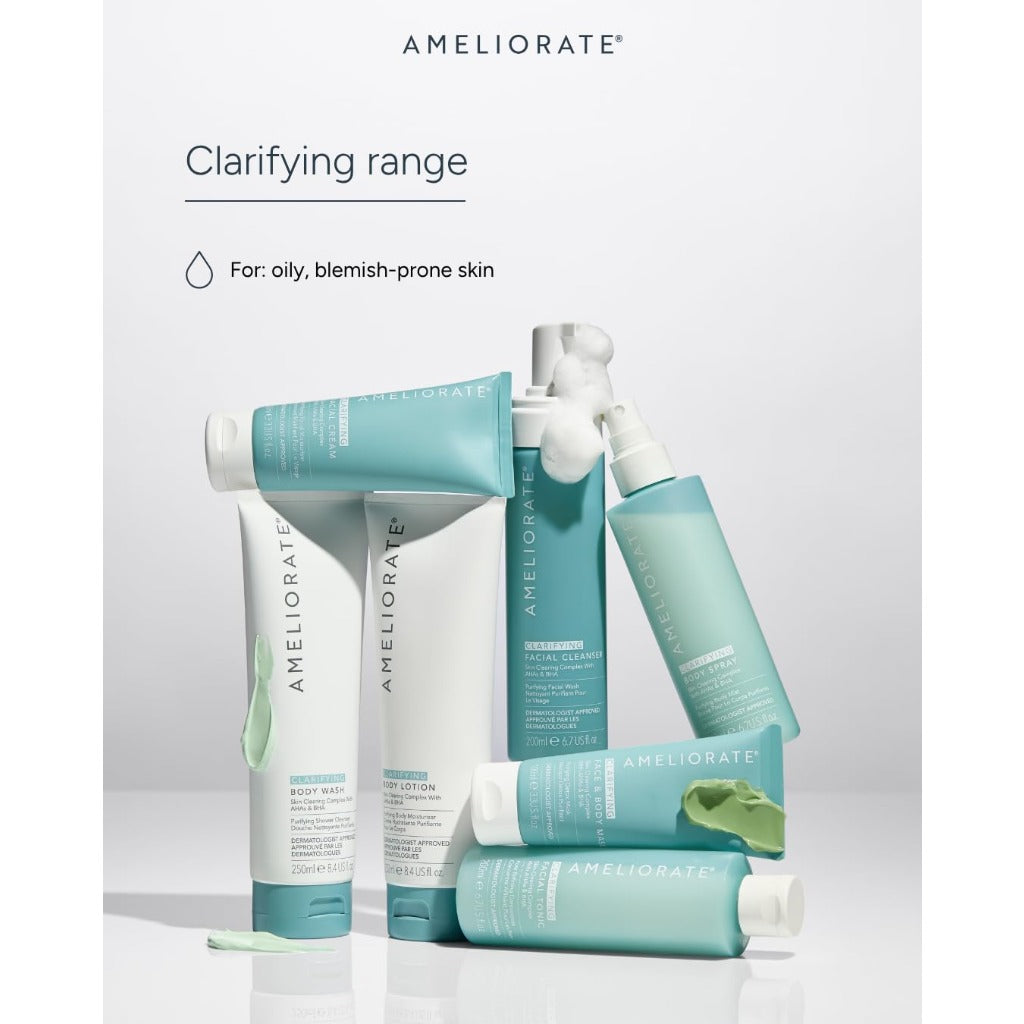 Ameliorate Clarifying Body Spray 200ml Blemish Treatment Mist with Lactic Acid for Back and Body Pores and Redness 360 Degree Nozzle - Damaged Box