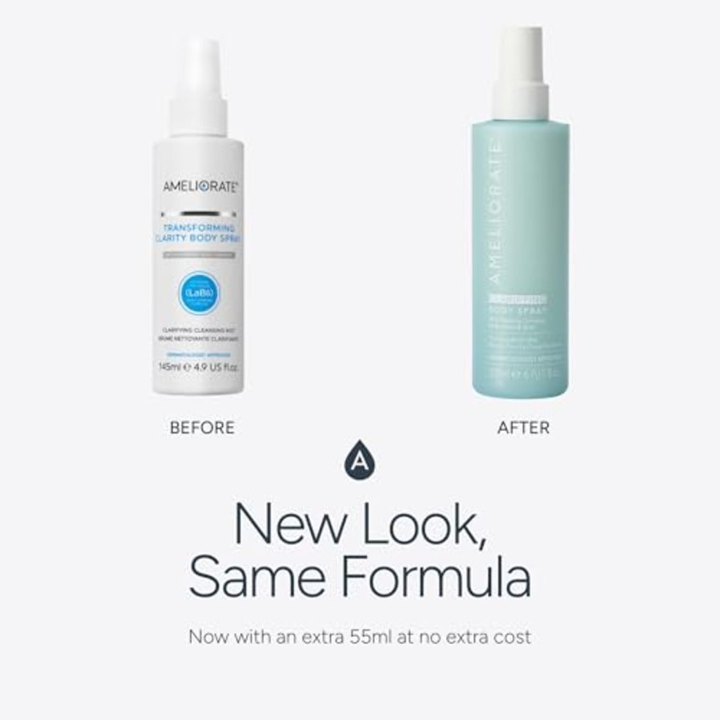 Ameliorate Clarifying Body Spray 200ml Blemish Treatment Mist with Lactic Acid for Back and Body Pores and Redness 360 Degree Nozzle - Damaged Box