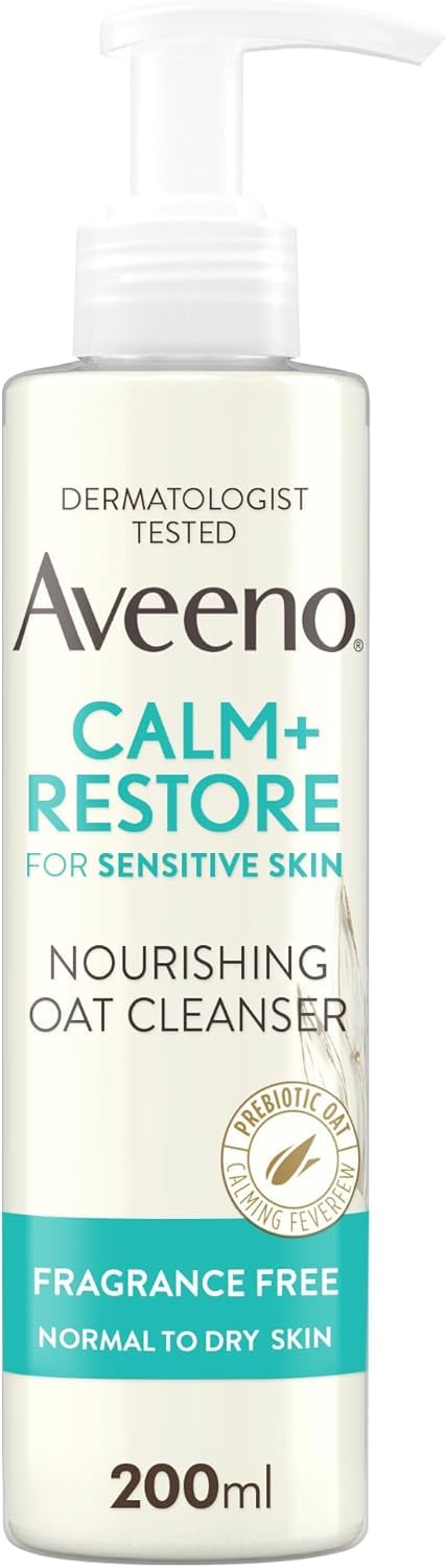Aveeno Calm and Restore Nourishing Oat Cleanser 200ml - Gentle Non-Foaming Face Wash for Sensitive Skin with Prebiotic Oat and Feverfew