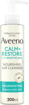 Aveeno Calm and Restore Nourishing Oat Cleanser 200ml - Gentle Non-Foaming Face Wash for Sensitive Skin with Prebiotic Oat and Feverfew