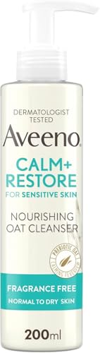 Aveeno Calm and Restore Nourishing Oat Cleanser 200ml - Gentle Non-Foaming Face Wash for Sensitive Skin with Prebiotic Oat and Feverfew