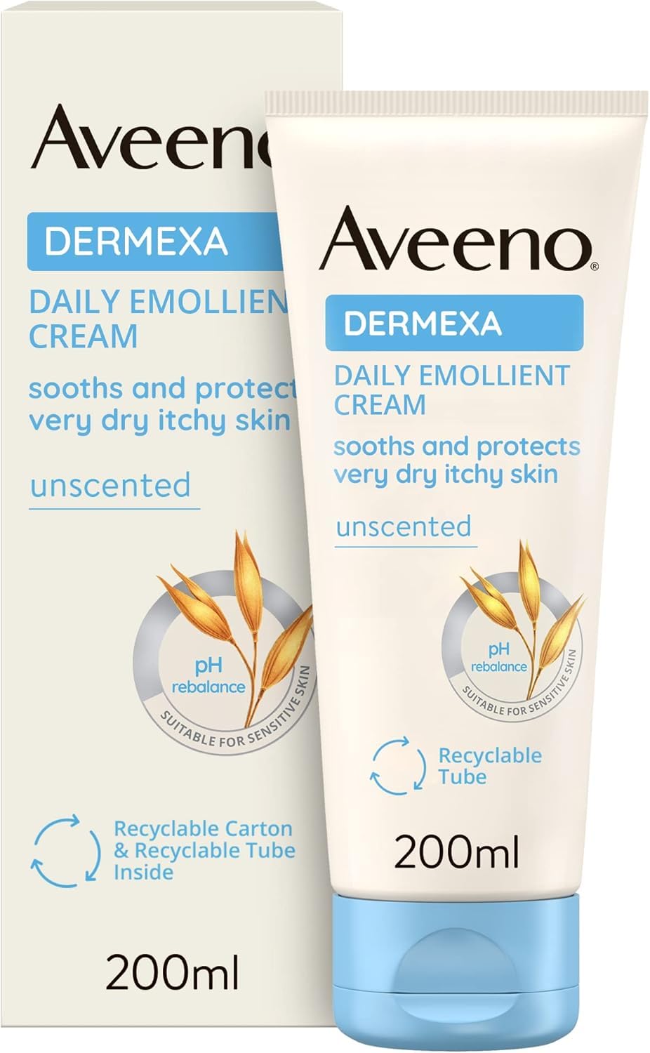 Aveeno Dermexa Daily Emollient Cream 200ml - Triple Oat Complex and Ceramides for Sensitive Dry Skin Prone to Eczema - Soothing Moisturiser - Damaged Box