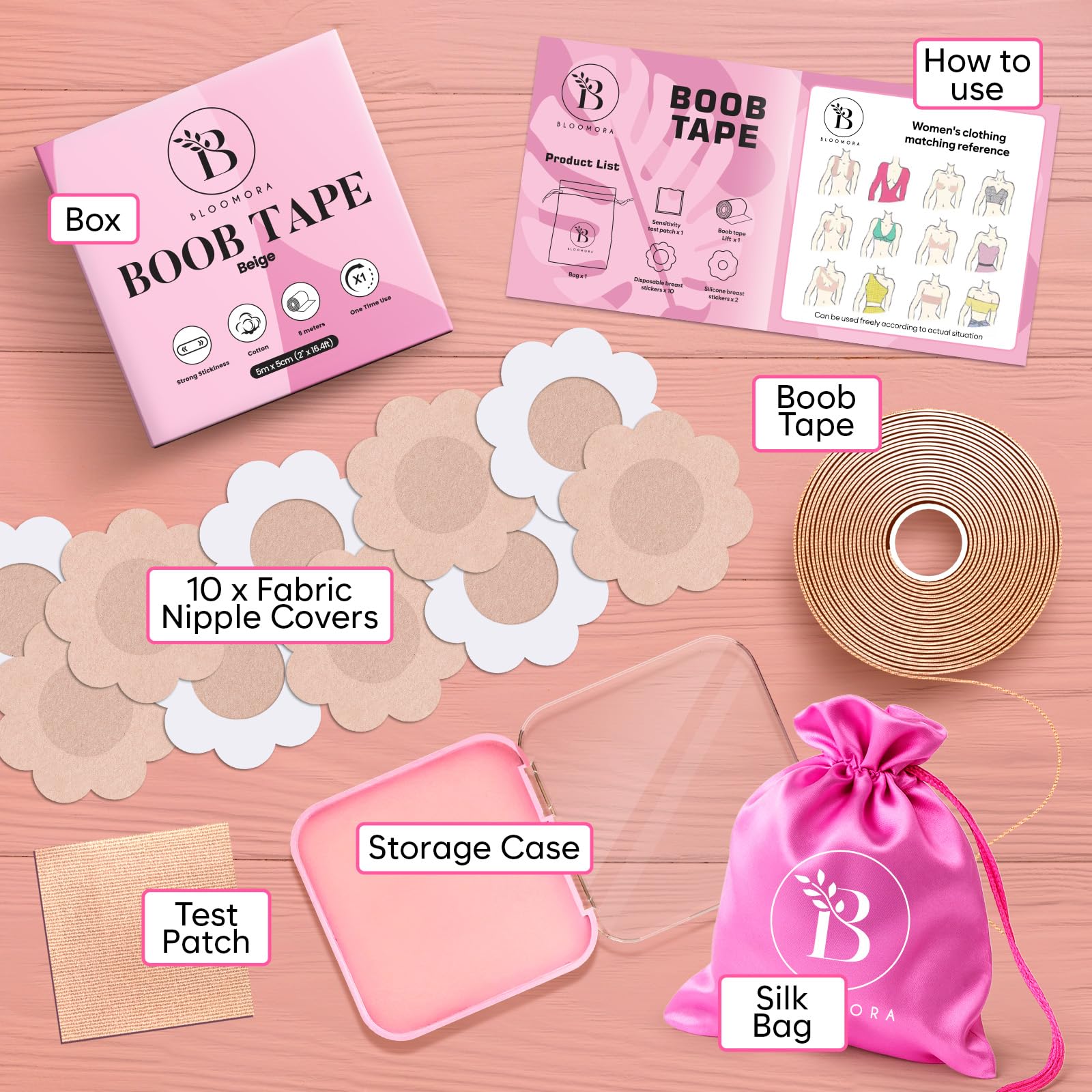 BLOOMORA Boob Tape - Invisible Breast Lift Tape for Large Breasts - Silicone Nipple Covers - Beige - Damaged Box