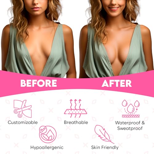 BLOOMORA Boob Tape - Invisible Breast Lift Tape for Large Breasts - Silicone Nipple Covers - Beige - Damaged Box
