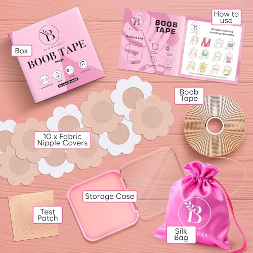BLOOMORA Boob Tape - Invisible Breast Lift Tape for Large Breasts - Silicone Nipple Covers - Beige - Damaged Box
