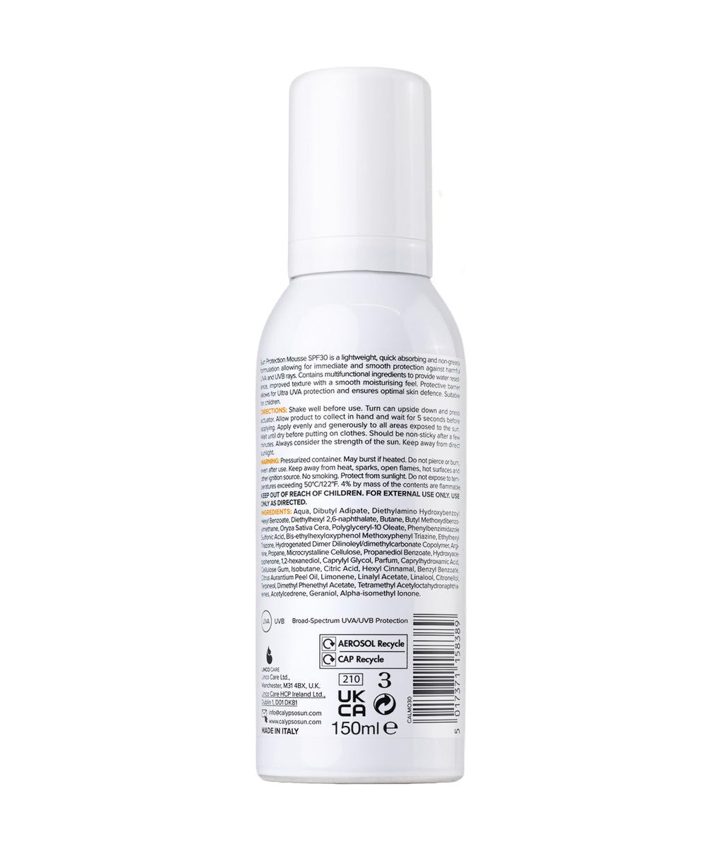 Calypso Sun Protection Mousse SPF30 150ml - 5-Star UVA Water Resistant Vegan Sunscreen for All Skin Types - Damaged Box