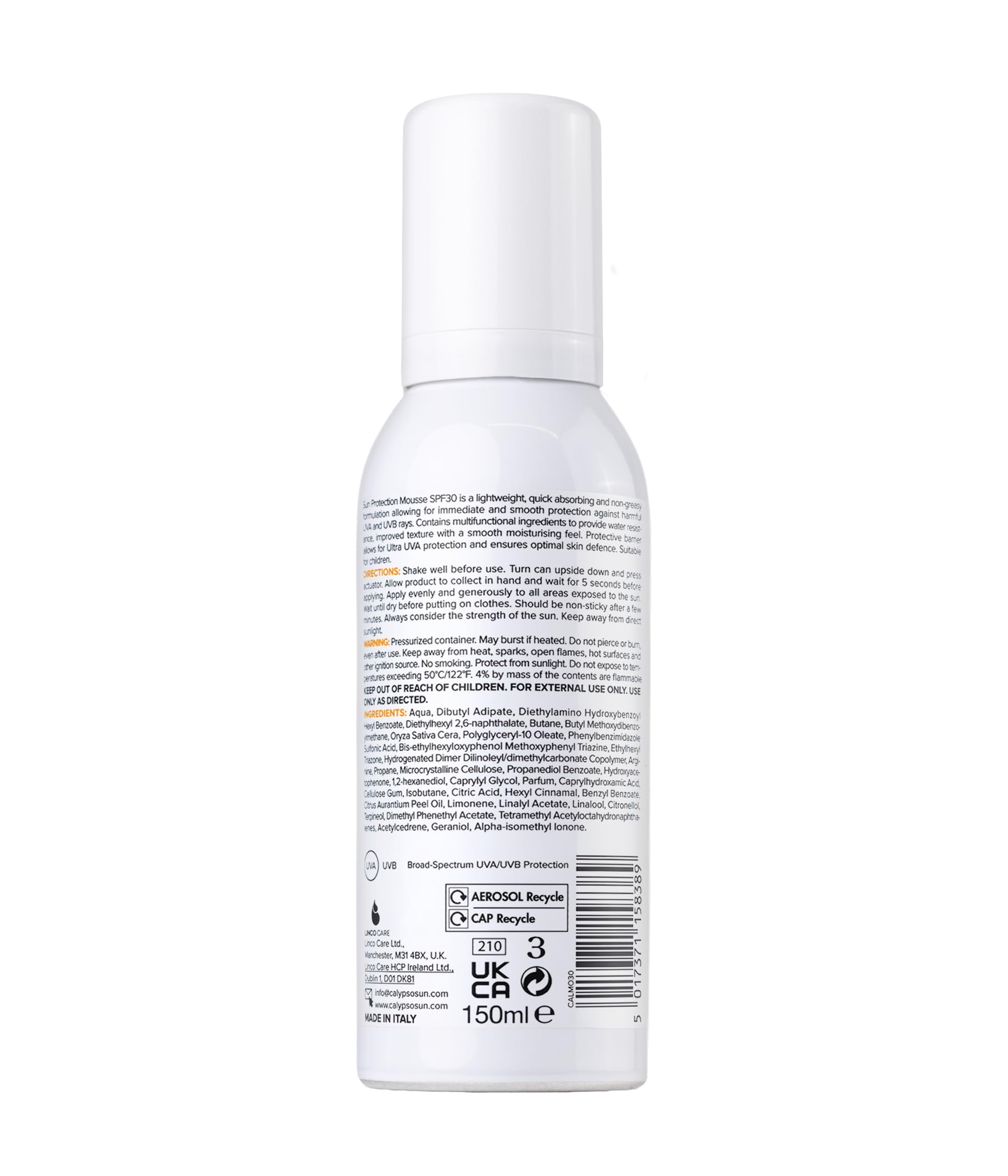 Calypso Sun Protection Mousse SPF30 150ml - 5-Star UVA Water Resistant Vegan Sunscreen for All Skin Types - Damaged Box