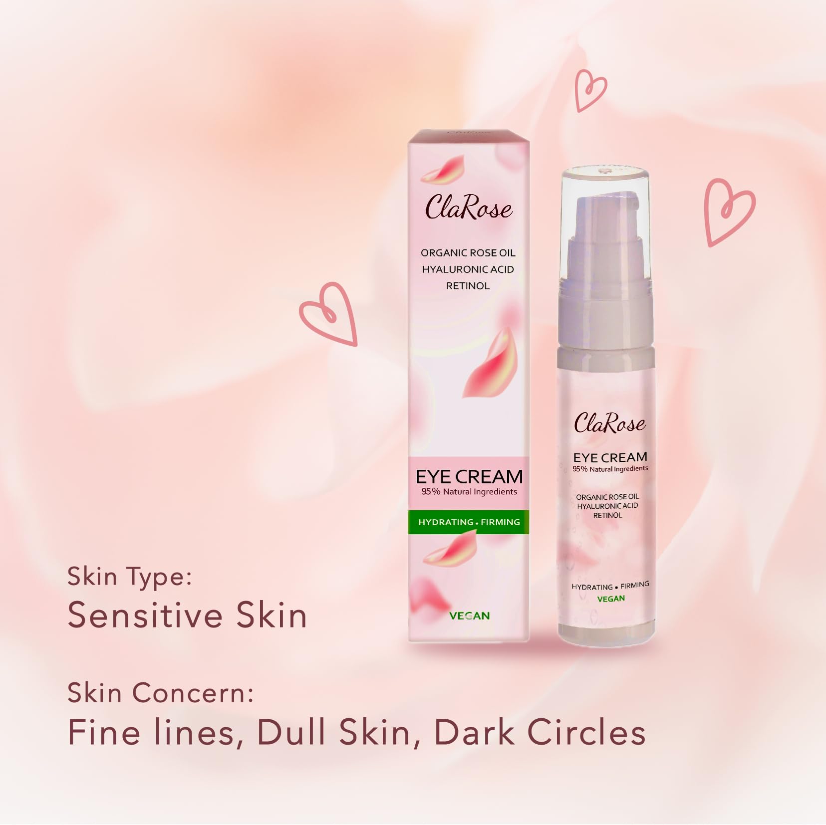 ClaRose Hyaluronic Acid Eye Cream with Organic Rose Oil - Anti-Ageing, 30ml