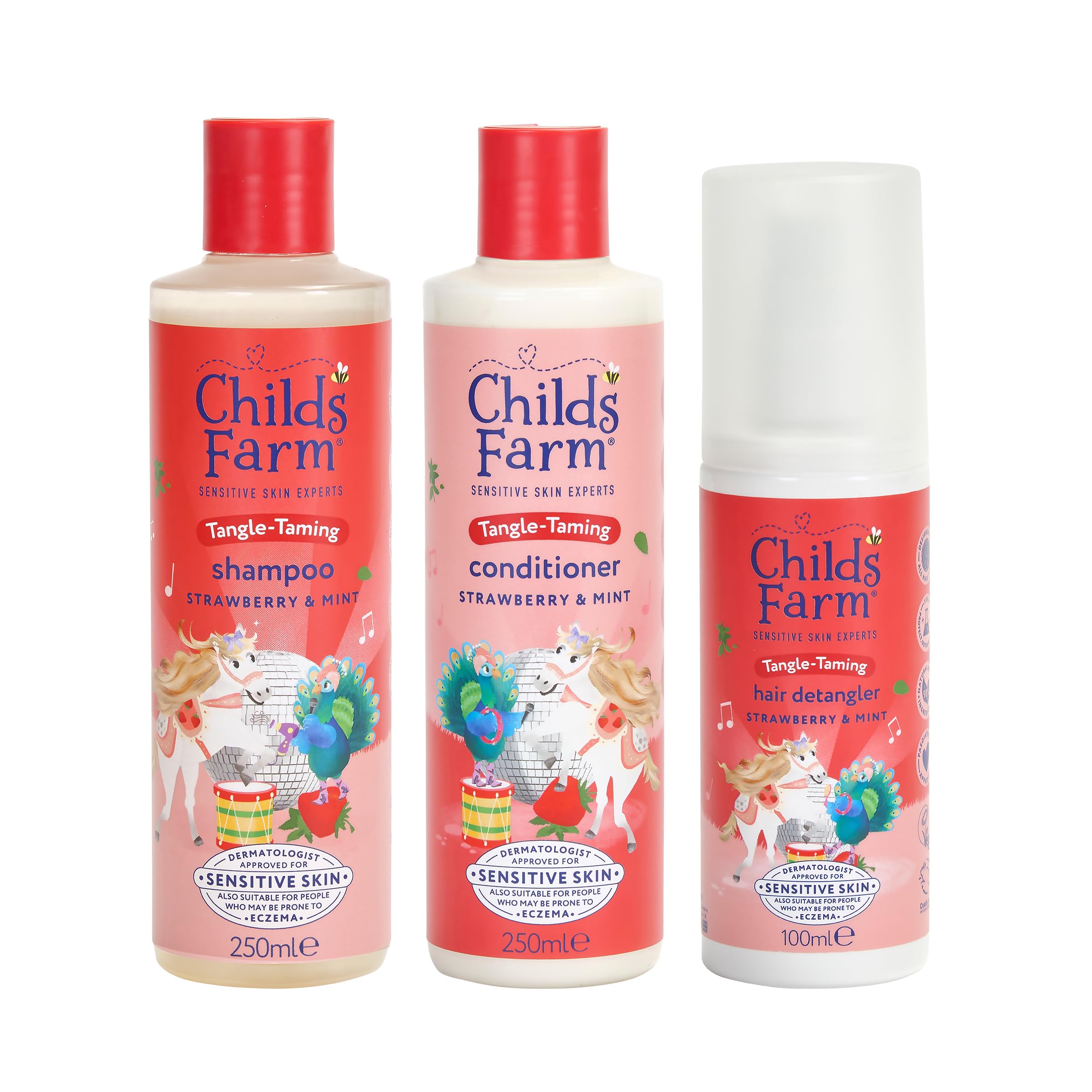 Childs Farm Kids Tangle Taming Hair Regime Bundle - Strawberry & Organic Mint Shampoo, Conditioner & Detangler Spray 3 Pack - Damaged Box