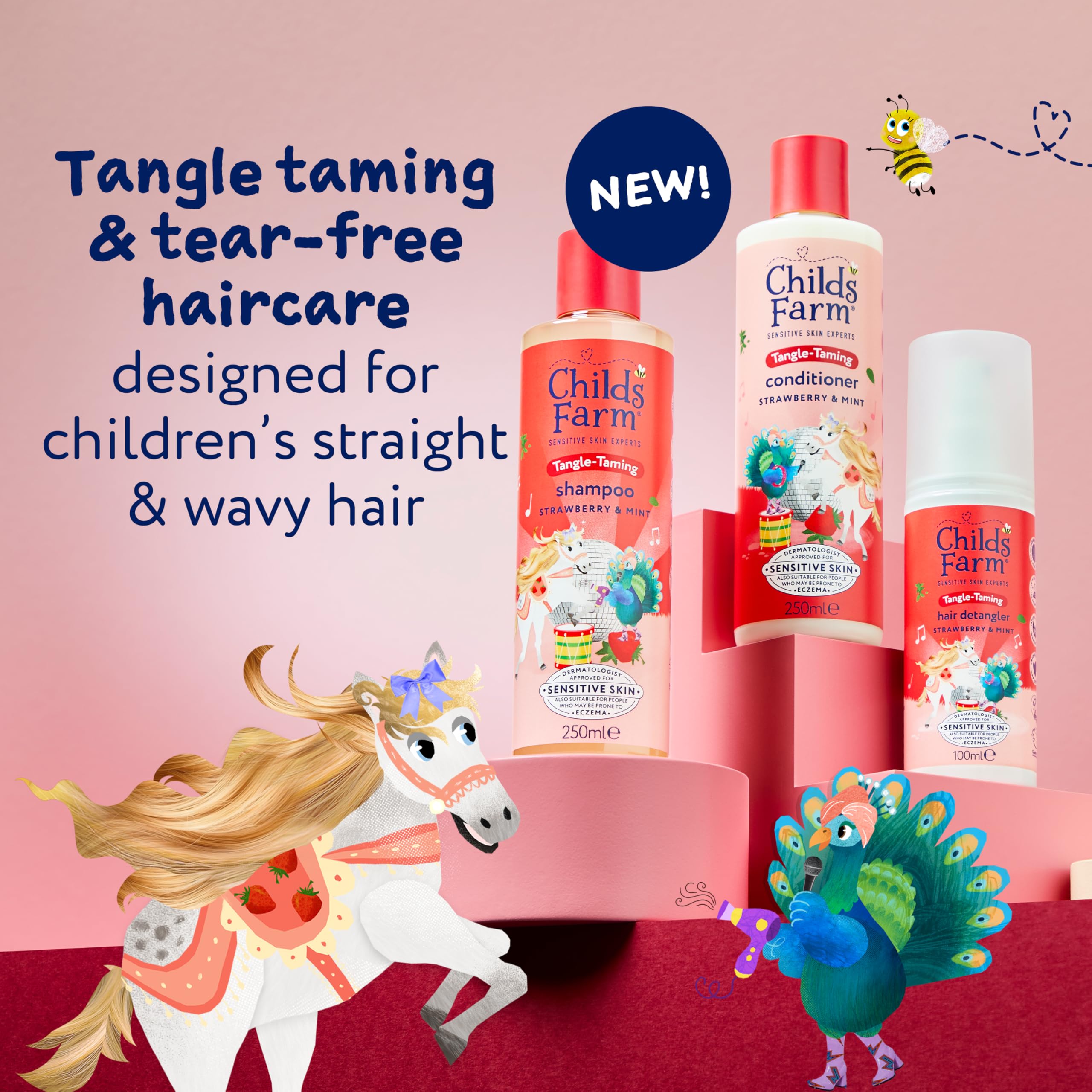 Childs Farm Kids Tangle Taming Hair Regime Bundle - Strawberry & Organic Mint Shampoo, Conditioner & Detangler Spray 3 Pack - Damaged Box