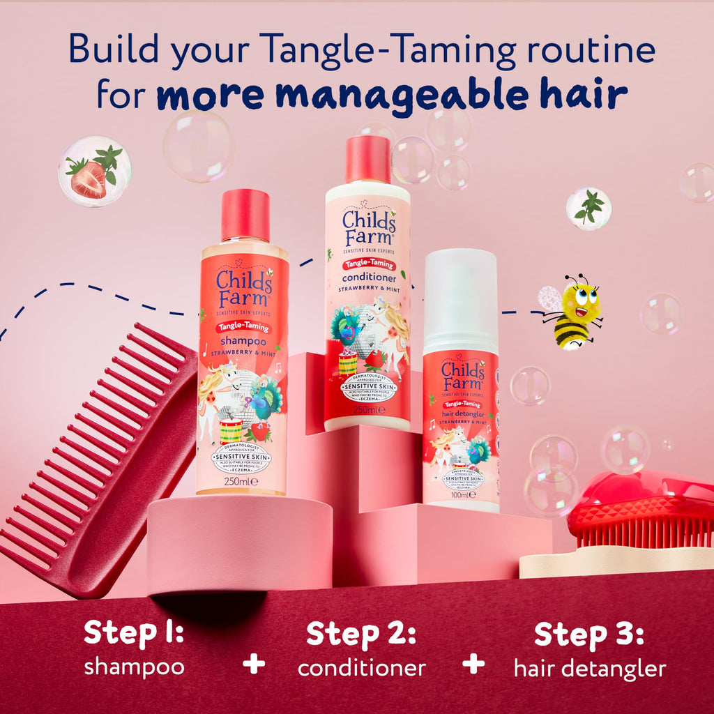 Childs Farm Kids Tangle Taming Hair Regime Bundle - Strawberry & Organic Mint Shampoo, Conditioner & Detangler Spray 3 Pack - Damaged Box