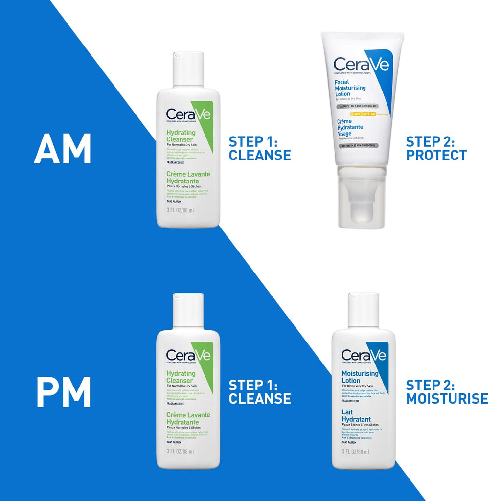 CeraVe Hydrating Travel Kit for Normal to Dry Skin 3 Piece Set with Hydrating Cleanser AM SPF 50 Facial Lotion and Moisturising Lotion 88ml