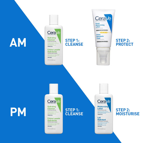 CeraVe Hydrating Travel Kit for Normal to Dry Skin 3 Piece Set with Hydrating Cleanser AM SPF 50 Facial Lotion and Moisturising Lotion 88ml