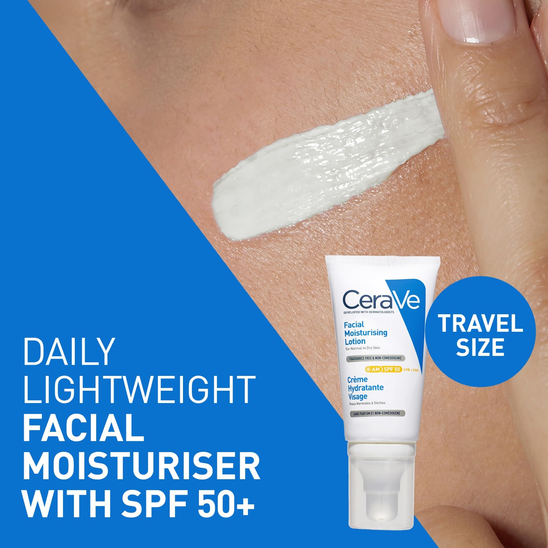 CeraVe Hydrating Travel Kit for Normal to Dry Skin 3 Piece Set with Hydrating Cleanser AM SPF 50 Facial Lotion and Moisturising Lotion 88ml