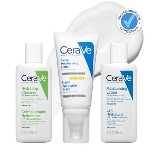 CeraVe Hydrating Travel Kit for Normal to Dry Skin 3 Piece Set with Hydrating Cleanser AM SPF 50 Facial Lotion and Moisturising Lotion 88ml