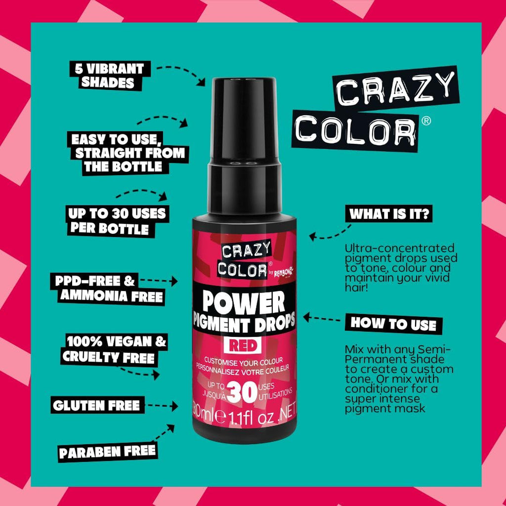Crazy Color Red Power Pigments 30ml — Ultra Concentrated Semi-Permanent Hair Dye Toner Vegan Formula - Damaged Box