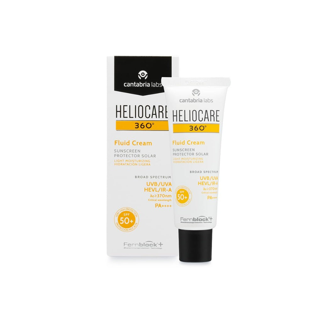 Heliocare 360 Fluid Cream SPF50+ 50ml / Sun Cream For Face/Daily UVA, UVB Visible light and infrared-A Anti-Ageing Sunscreen Protection/Dry and Normal Skin Types/Hydrating - Damaged Box