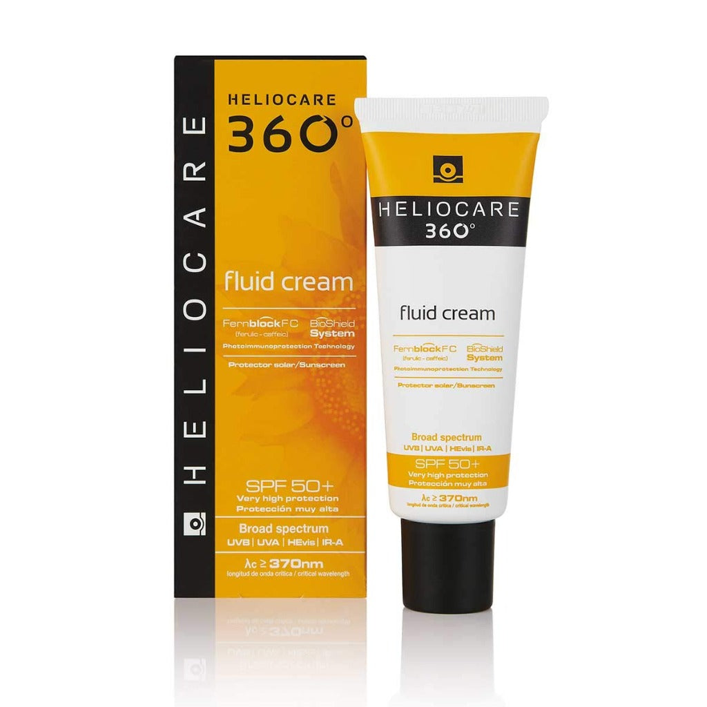 Heliocare 360 Fluid Cream SPF50+ 50ml / Sun Cream For Face/Daily UVA, UVB Visible light and infrared-A Anti-Ageing Sunscreen Protection/Dry and Normal Skin Types/Hydrating - Damaged Box