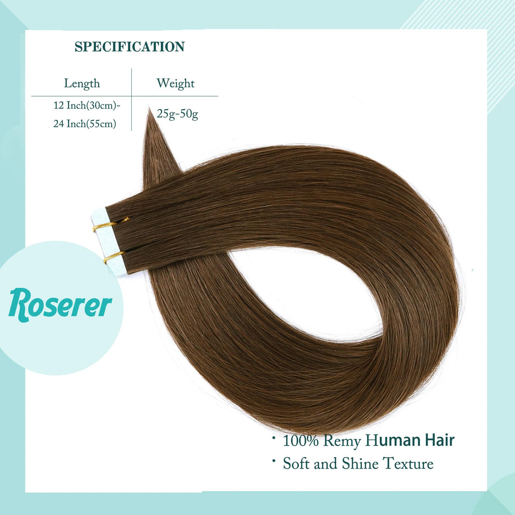 Roserer Tape In Hair Extensions Human Hair Light Brown 20 Inch 20 Pieces 40g Straight Real Hair Invisible Adhesive Tapes Daily Styling 20 - Damaged Box