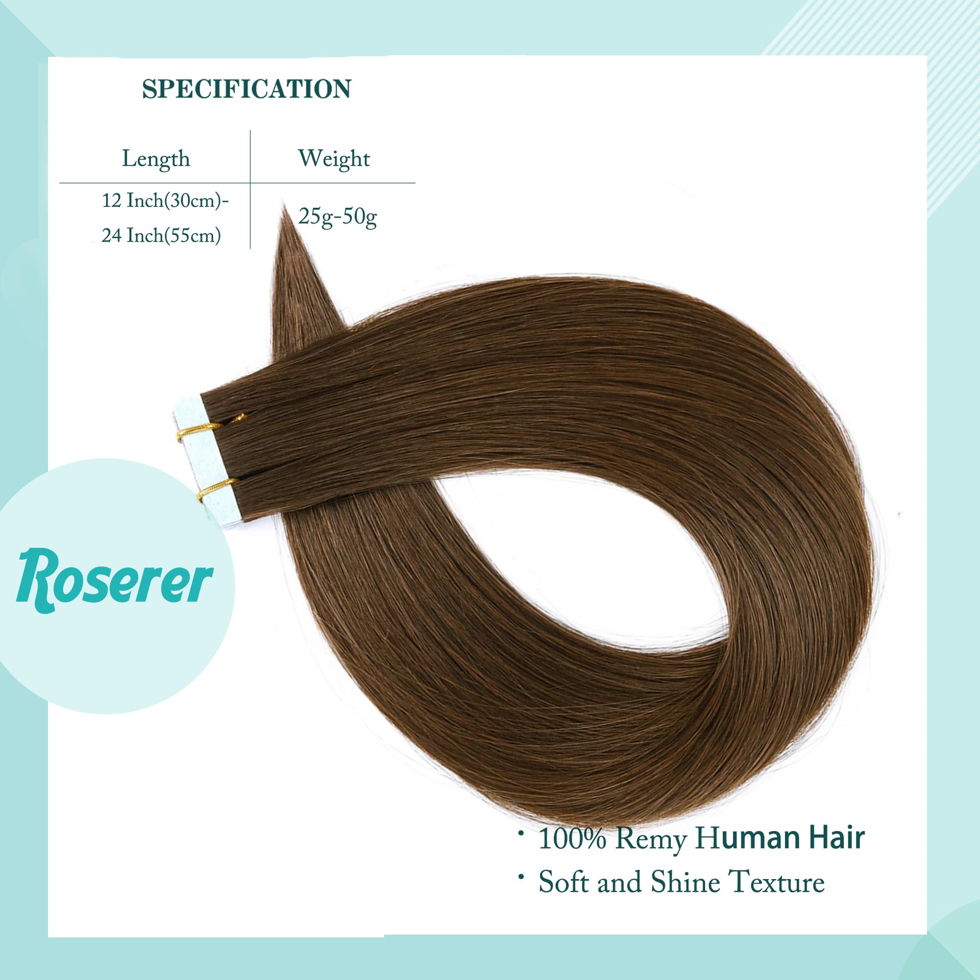 Roserer Tape In Hair Extensions Human Hair Light Brown 20 Inch 20 Pieces 40g Straight Real Hair Invisible Adhesive Tapes Daily Styling 20 - Damaged Box