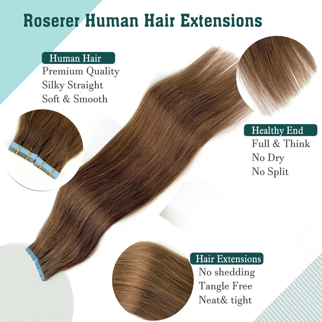 Roserer Tape In Hair Extensions Human Hair Light Brown 20 Inch 20 Pieces 40g Straight Real Hair Invisible Adhesive Tapes Daily Styling 20 - Damaged Box