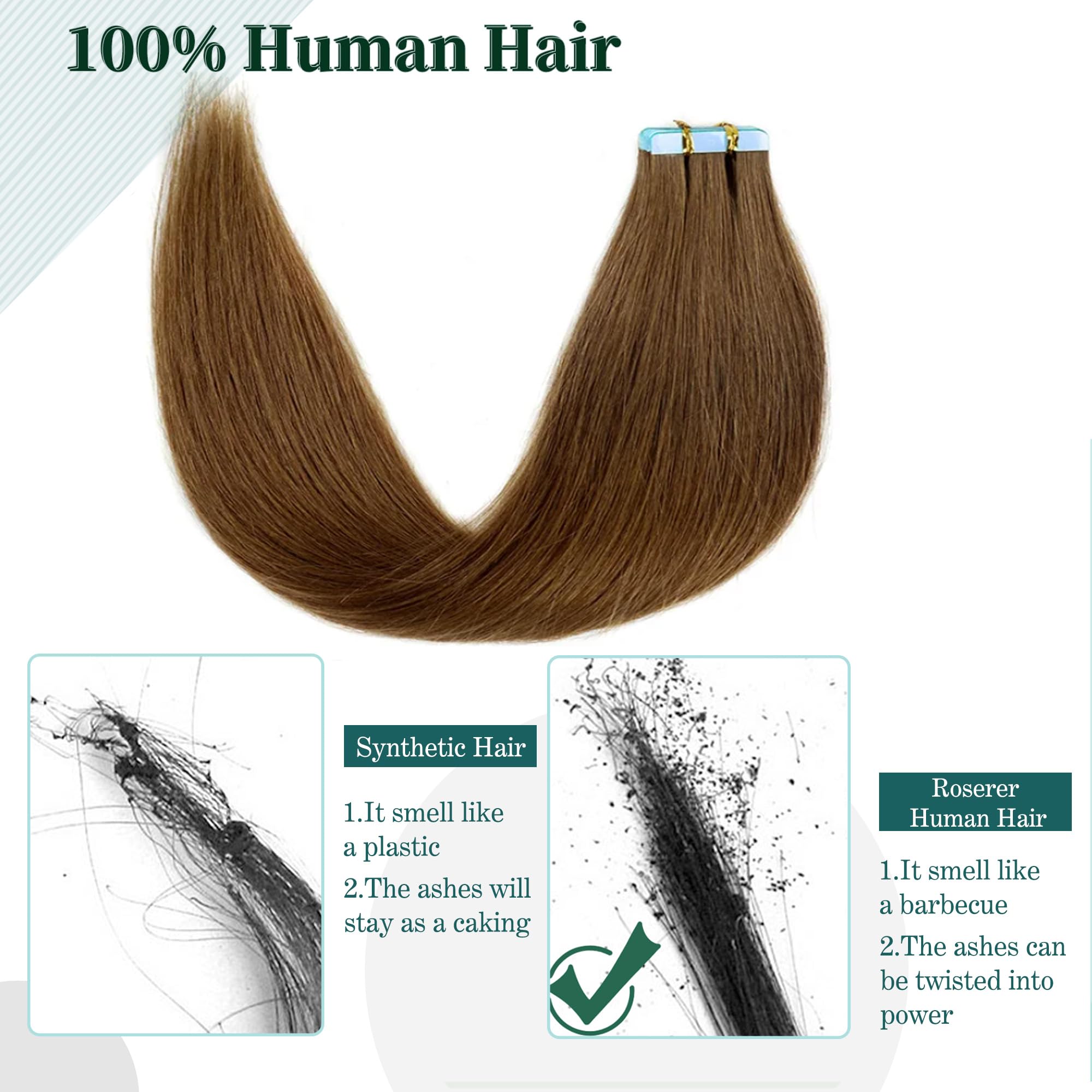 Roserer Tape In Hair Extensions Human Hair Light Brown 20 Inch 20 Pieces 40g Straight Real Hair Invisible Adhesive Tapes Daily Styling 20 - Damaged Box