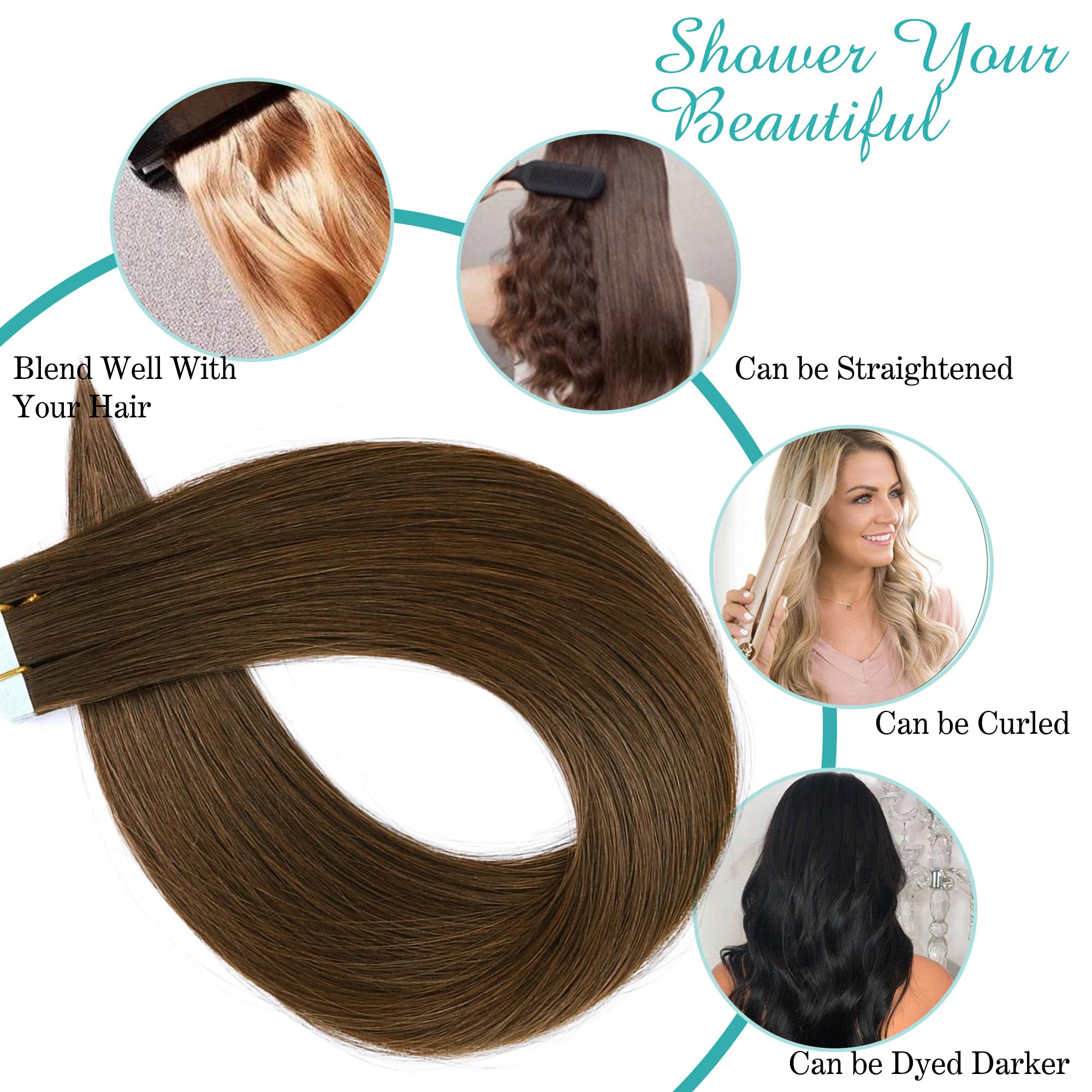 Roserer Tape In Hair Extensions Human Hair Light Brown 20 Inch 20 Pieces 40g Straight Real Hair Invisible Adhesive Tapes Daily Styling 20 - Damaged Box