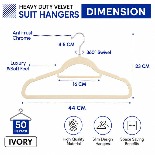 1ABOVE Premium Quality 50 pack Non-Slip Velvet Hangers (44cm) Heavy Duty Velvet Suit Hangers with Tie Bar, 360^0 Swivel Hooks - Space saving, sturdy to hold Jacket, Jumper & Pullover(Set of 50-IVORY) - Damaged Box