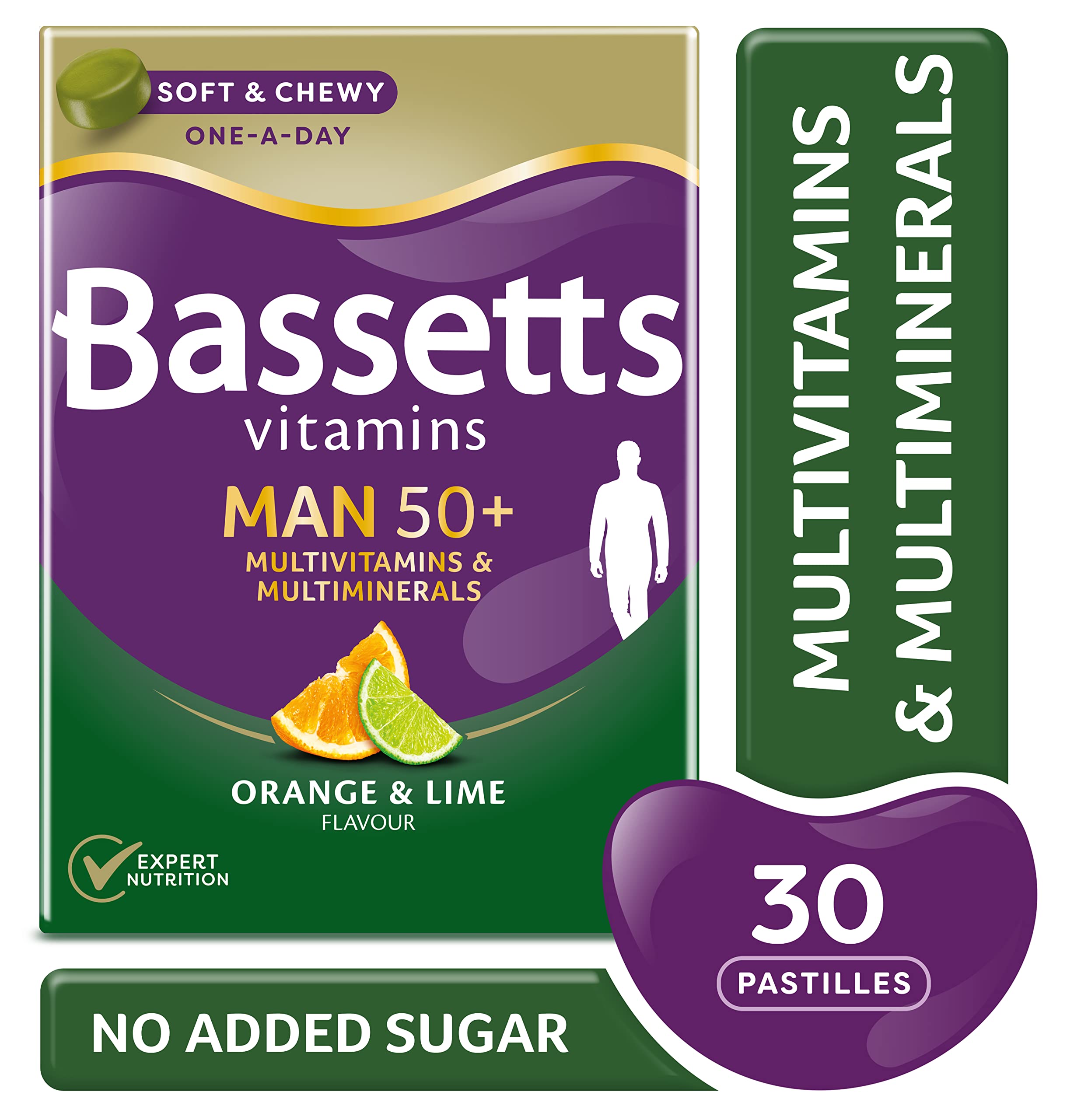 Bassetts Vitamins Man 50+ Multivitamins & Multiminerals Orange & Lime Flavour 30 Gummy Pastilles - BBE 05/2026