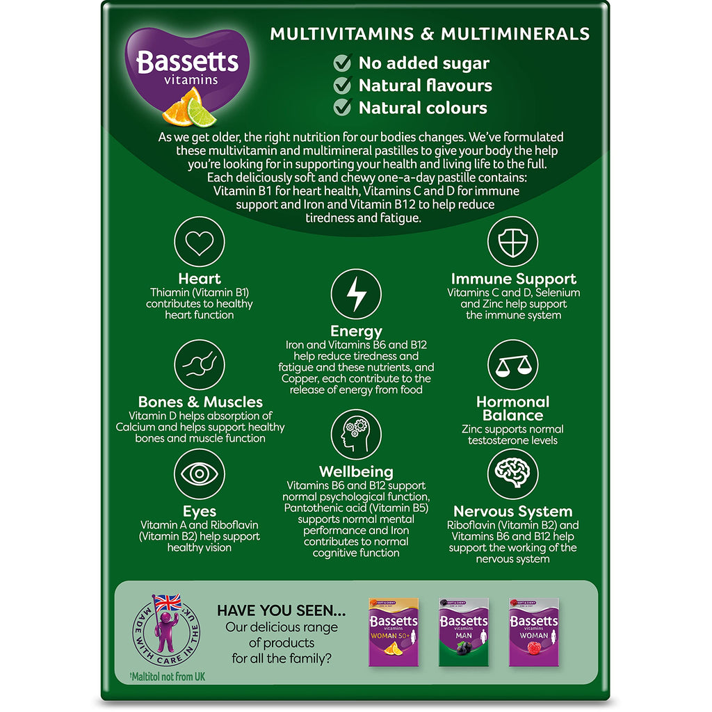 Bassetts Vitamins Man 50+ Multivitamins & Multiminerals Orange & Lime Flavour 30 Gummy Pastilles - BBE 05/2026