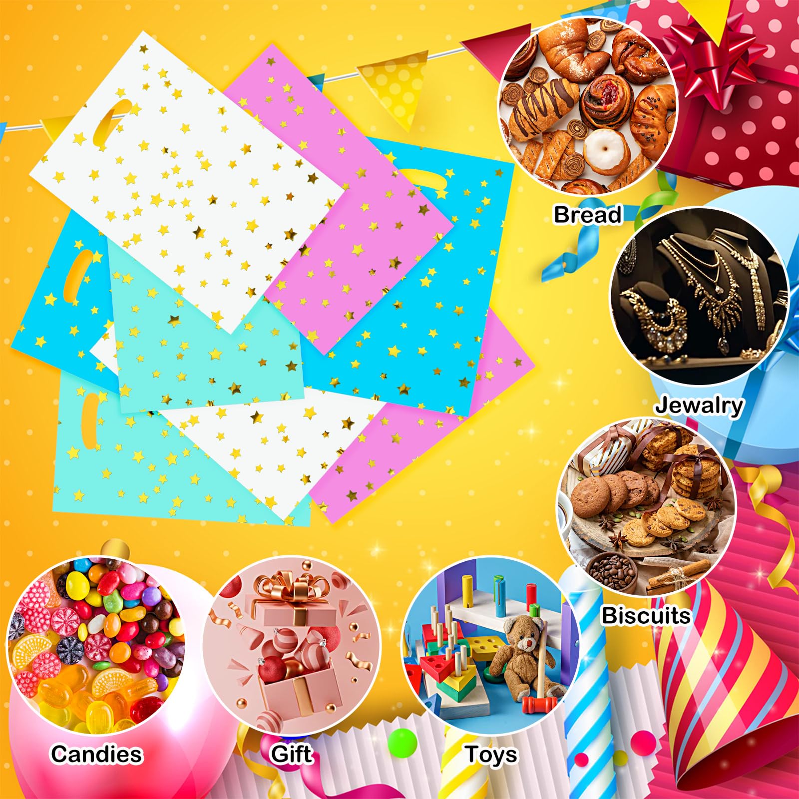 40 Pcs Party Bags with Handles - Colourful Plastic Gift Bags for Kids Christmas Birthday - Pink White Green Blue Goodie Bags
