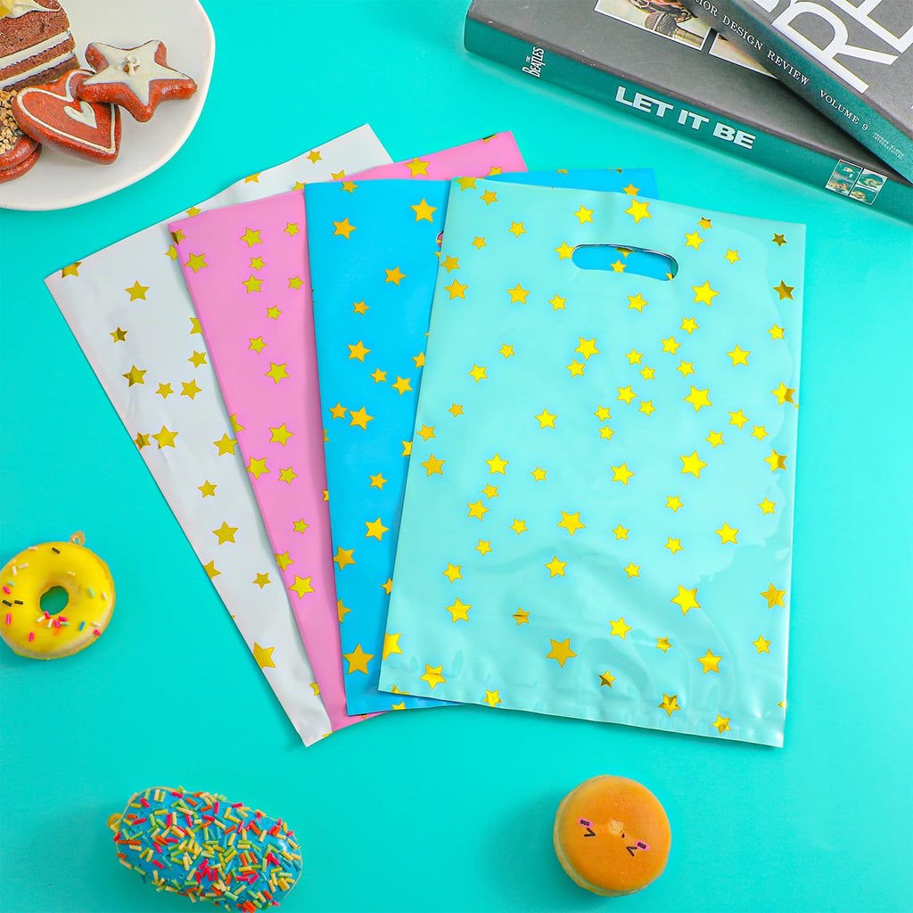 40 Pcs Party Bags with Handles - Colourful Plastic Gift Bags for Kids Christmas Birthday - Pink White Green Blue Goodie Bags