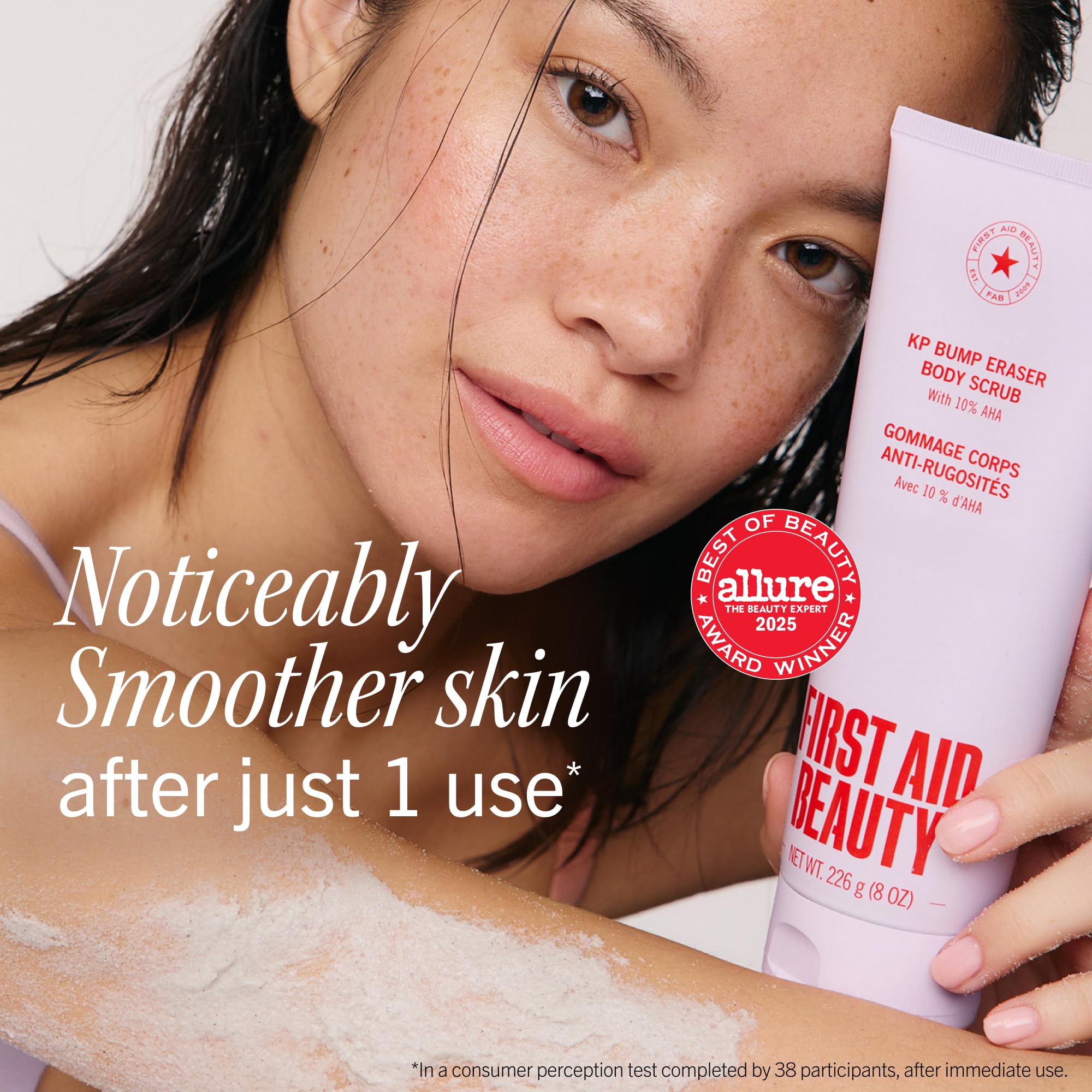 First Aid Beauty KP Bump Eraser Body Scrub 10% AHA 226g 8oz Strawberry Exfoliating Treatment for Keratosis Pilaris and Chicken Skin Bumps - Damaged Box
