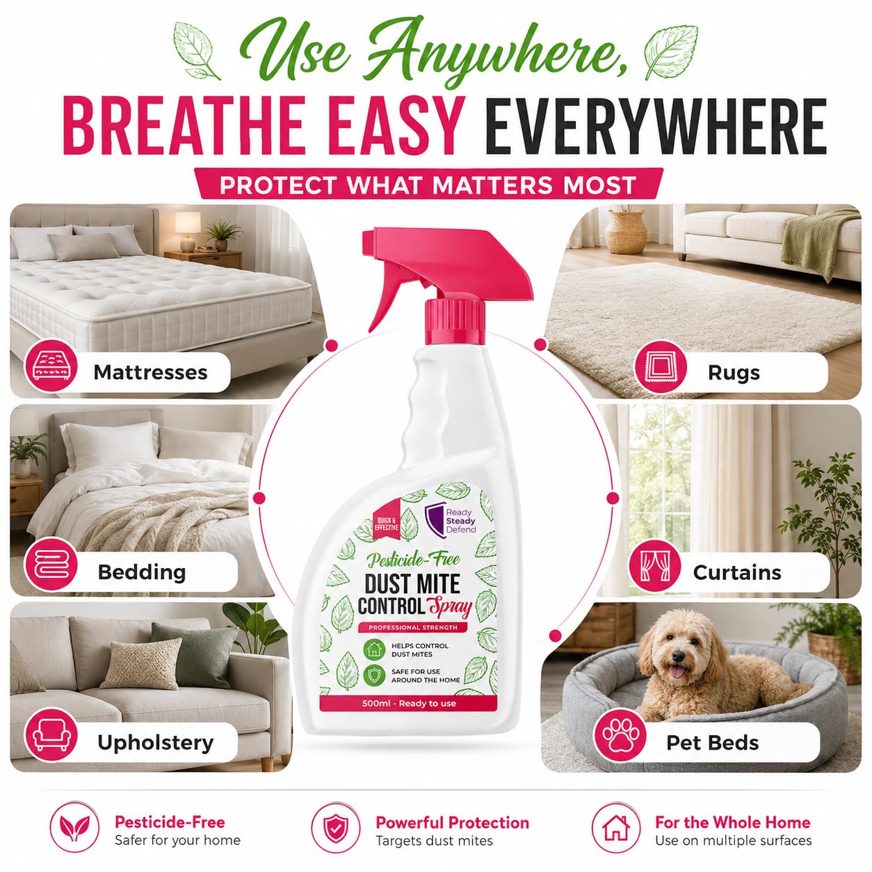 Dust Mite Killer Spray 500ml - Pesticide-Free, Eco-Friendly Pest Control for Home, Targets Mites & Insects - Very Good
