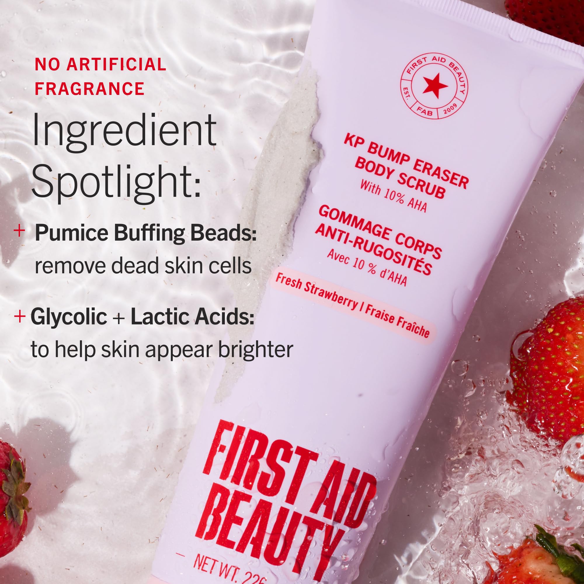 First Aid Beauty KP Bump Eraser Body Scrub 10% AHA 226g 8oz Strawberry Exfoliating Treatment for Keratosis Pilaris and Chicken Skin Bumps - Damaged Box