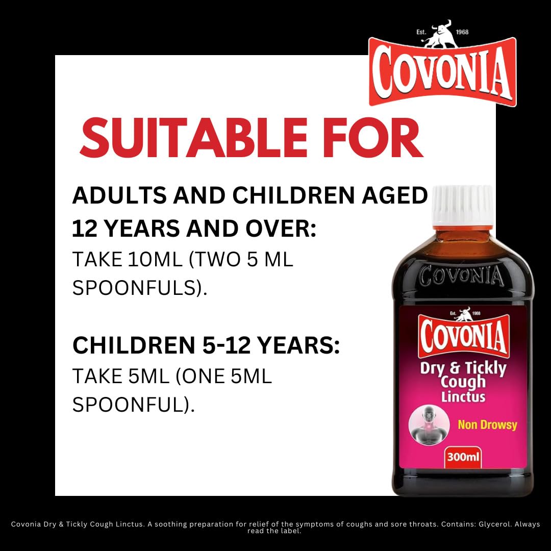 Covonia Dry & Tickly Cough Linctus Soothes And Provides Relief From Dry Coughs And Sore Throats Non Drowsy Cough Syrup Suitable For Vegetarians Cold And Flu Relief, 300ml (Always read Label First) - Very Good - BBE 07/2026