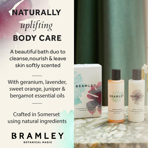 Bramley Discovery Bath Gift Set 2 x 100ml Body Lotion and Bubble Bath Natural Essential Oil Toiletries Gift for Women and Travel Kit