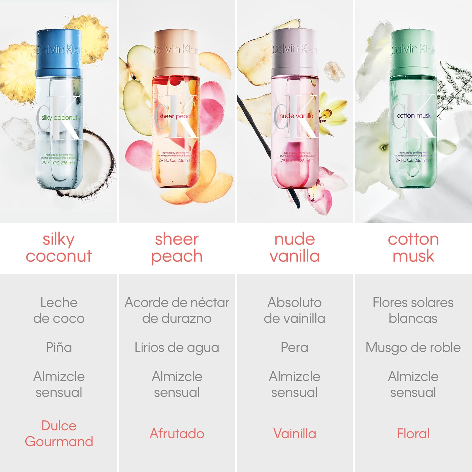 Calvin Klein Unisex Hair & Body Perfume Mist, in Scents Vanilla, Coconut, Peach, Raspberry, Blackcurrant and White Florals, 236ml