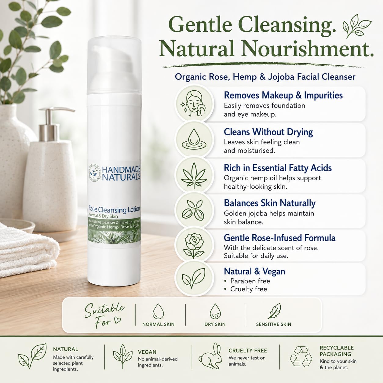 Handmade Naturals Facial Cleanser - Rose, Hemp & Jojoba - 100ml Face Wash for All Skin Types - BBE 09/2027