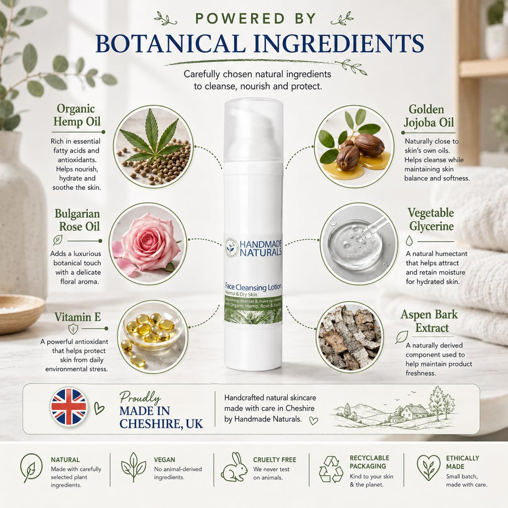 Handmade Naturals Facial Cleanser - Rose, Hemp & Jojoba - 100ml Face Wash for All Skin Types - BBE 09/2027