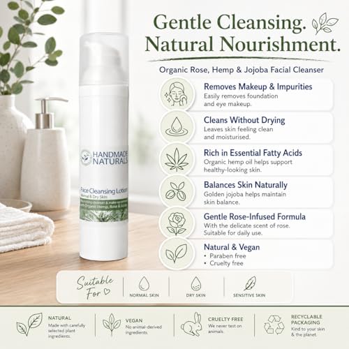 Handmade Naturals Facial Cleanser - Rose, Hemp & Jojoba - 100ml Face Wash for All Skin Types - BBE 09/2027